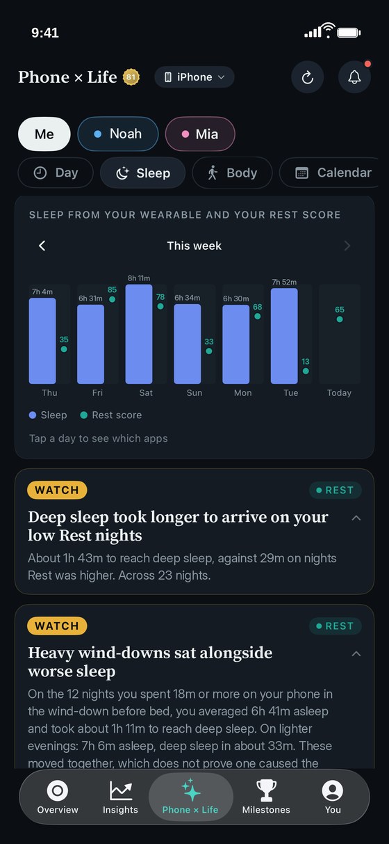 ThirdLife Phone x Life Sleep view, a week of sleep from a wearable beside each day's Rest score, with findings on deep sleep and heavy wind-downs