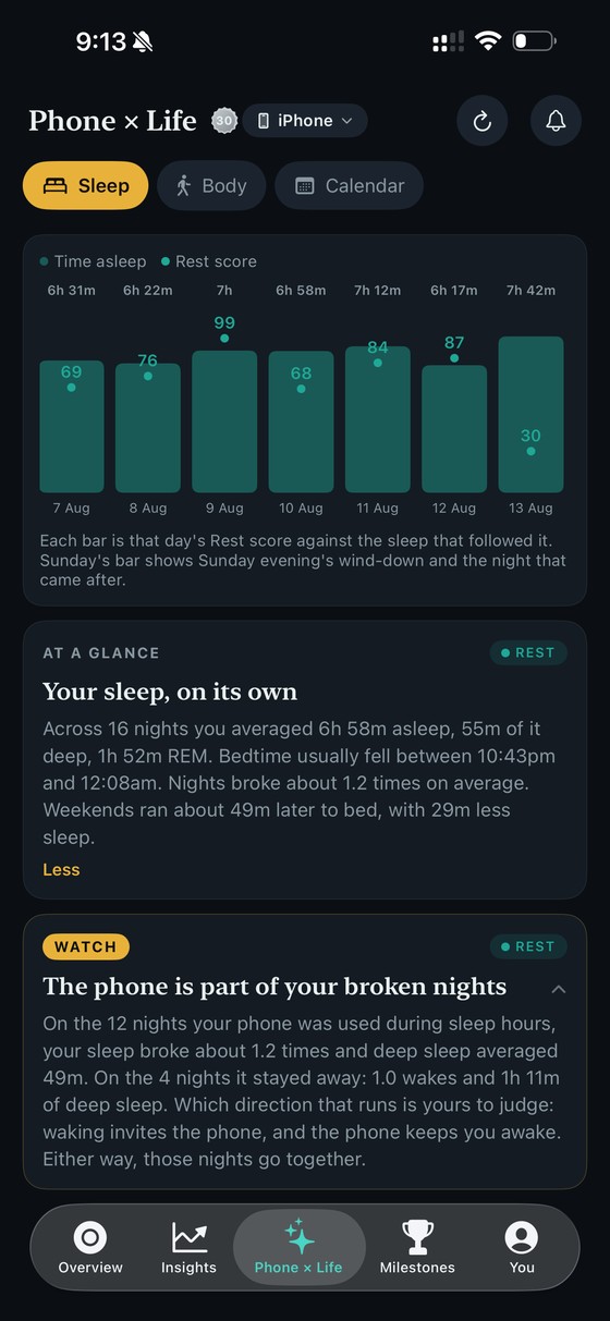ThirdLife Phone x Life sleep chart, each bar a night's Rest score against the sleep that followed it